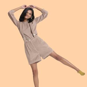 SeamsFriendly Khaki Beige Cotton Corduroy Short Dungaree Jumpsuit Size Small